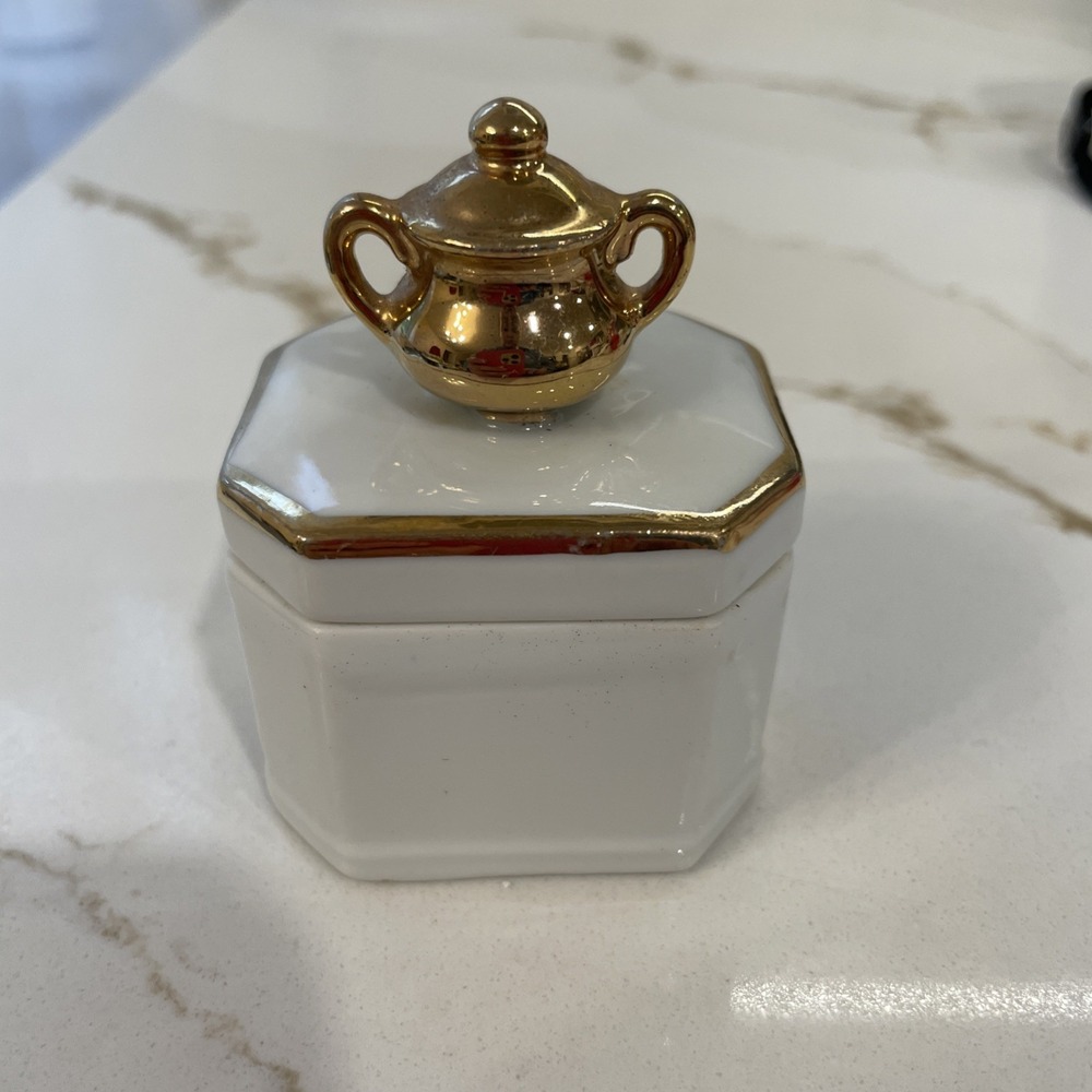Vintage Trinket Box Sugar Bowl White 18 Kt Gold Accents Enesco 1978 Japan